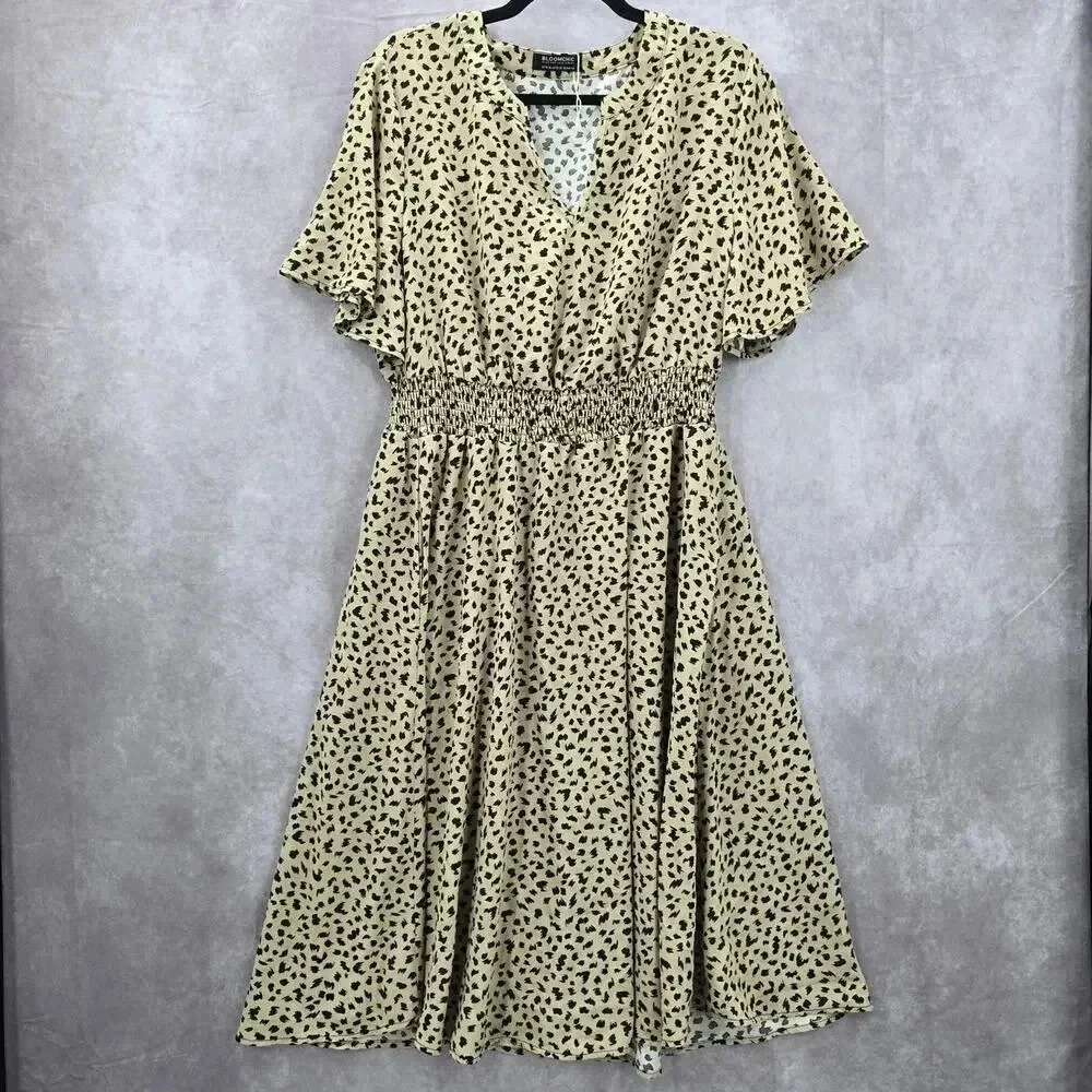 Bloomchic Animal Print Flutter Office Short Sleeve Flowy Flare Midi Dress XL